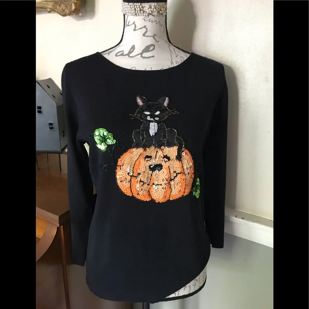 🖤 Black Cat Sequin Pumpkin Top L NWT 58.00 Last One Left - Picture 2 of 9